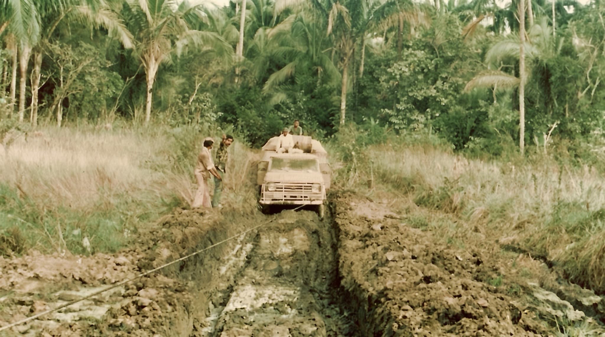 Vehicle extraction during road construction, 1975, Bolivia